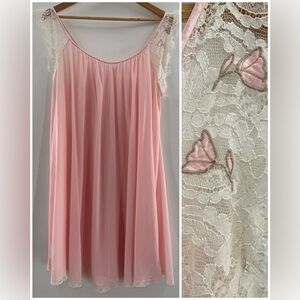Lucie Ann Vintage Chemise Slip Dress Sleeveless Nylon Lace Pink Nightgown Size L